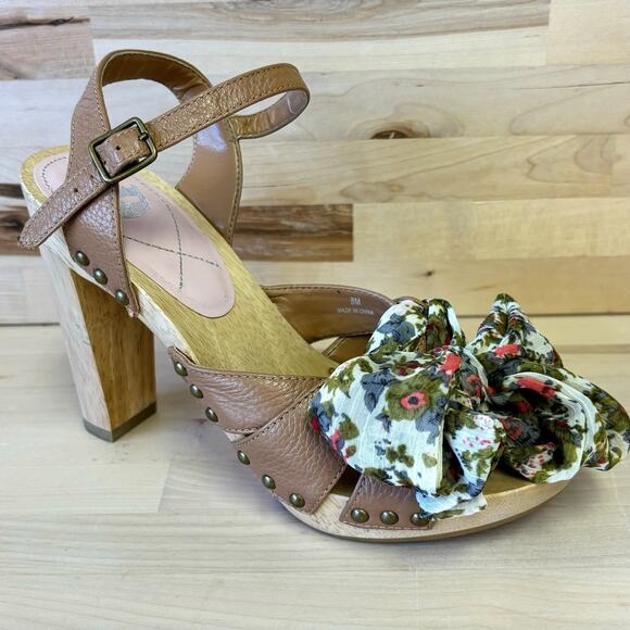 None and/or Unknown Shoes - Wooden Ankle Strap Heels Floral Fabric Bow Rivets W8